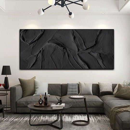 Wabi-sabi Art Black Minimalist Plaster Art Black Abstract Texture Painting Black Wall Decor Plaster Texture Wall Art Minimalist Art Black 3D Oil  Plaster Wall Art On Canvas