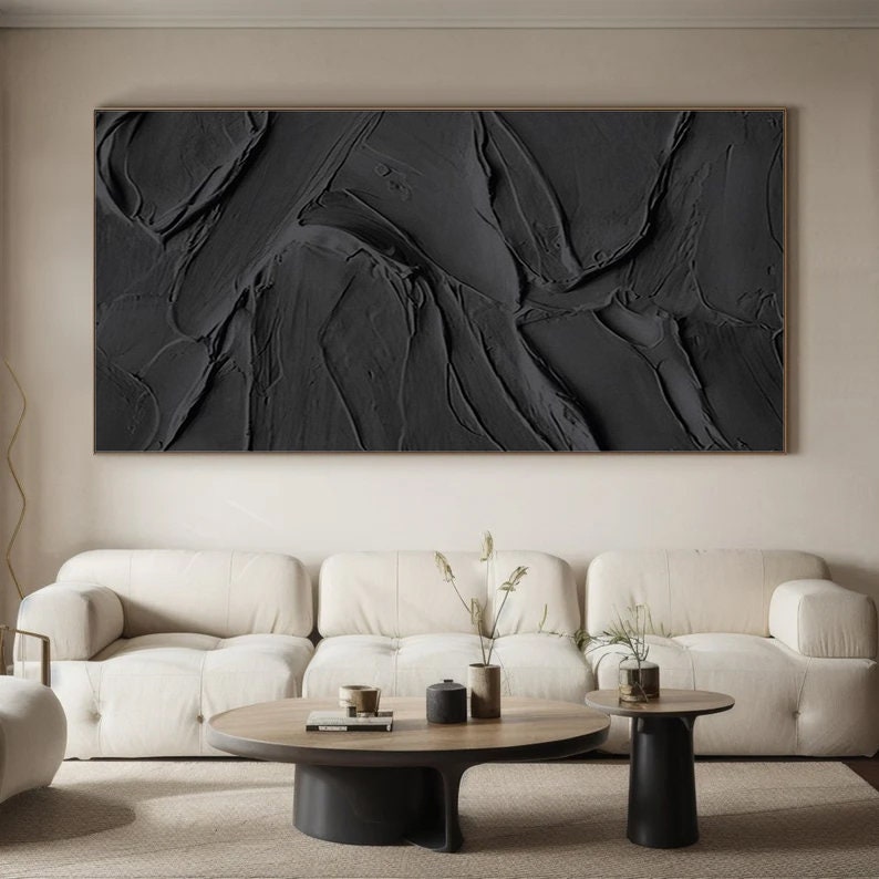 Wabi-sabi Art Black Minimalist Plaster Art Black Abstract Texture Painting Black Wall Decor Plaster Texture Wall Art Minimalist Art Black 3D Oil  Plaster Wall Art On Canvas