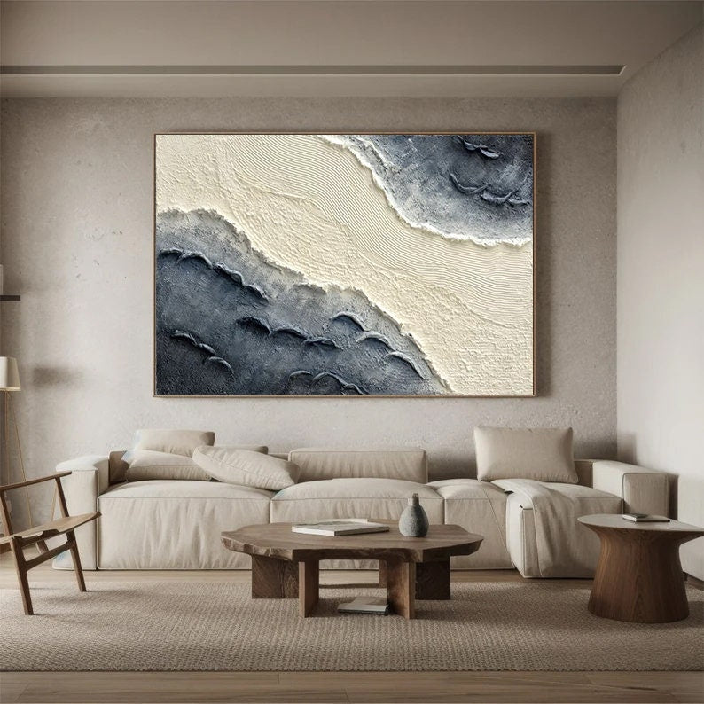 Extra Large Wall Decor Abstract Blue Abstract Art White Painting large Blue Painting White Wall Art minimalist Painting Modern Textured Sea & Beach Painting 3D Oil Plaster Wall Art On Canvas