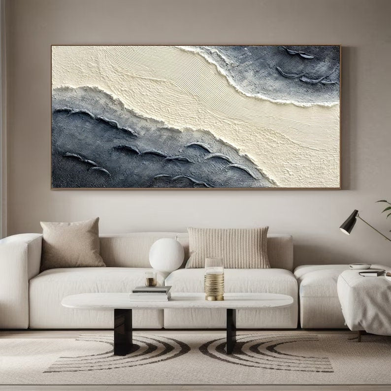 Extra Large Wall Decor Abstract Blue Abstract Art White Painting large Blue Painting White Wall Art minimalist Painting Modern Textured Sea & Beach Painting 3D Oil Plaster Wall Art On Canvas