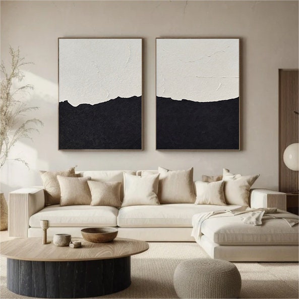 Wabi-sabi Art Black Minimalist Plaster Art White Texture Painting Abstract Wall Decor Plaster Texture Wall Art Minimalist Art  3D Oil Canvas Wall Art 