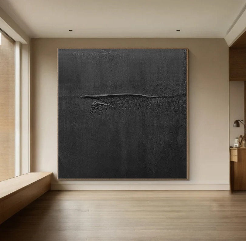 Wabi-sabi Art Black Minimalist Plaster Art Black Abstract Texture Painting Black Wall Decor Plaster Texture Wall Art Minimalist Art Black 3D Oil  Plaster Wall Art On Canvas