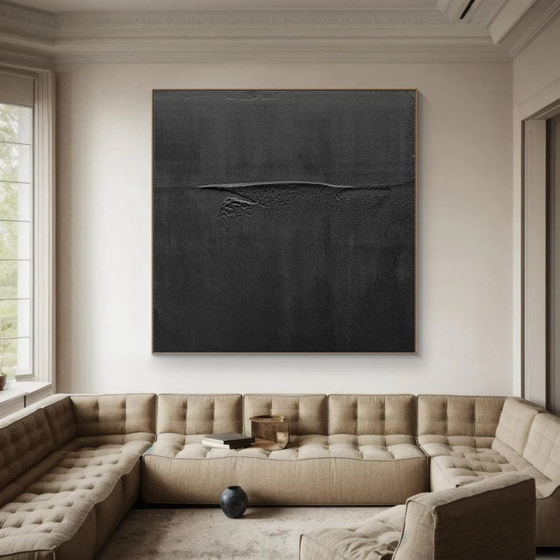 Wabi-sabi Art Black Minimalist Plaster Art Black Abstract Texture Painting Black Wall Decor Plaster Texture Wall Art Minimalist Art Black 3D Oil  Plaster Wall Art On Canvas