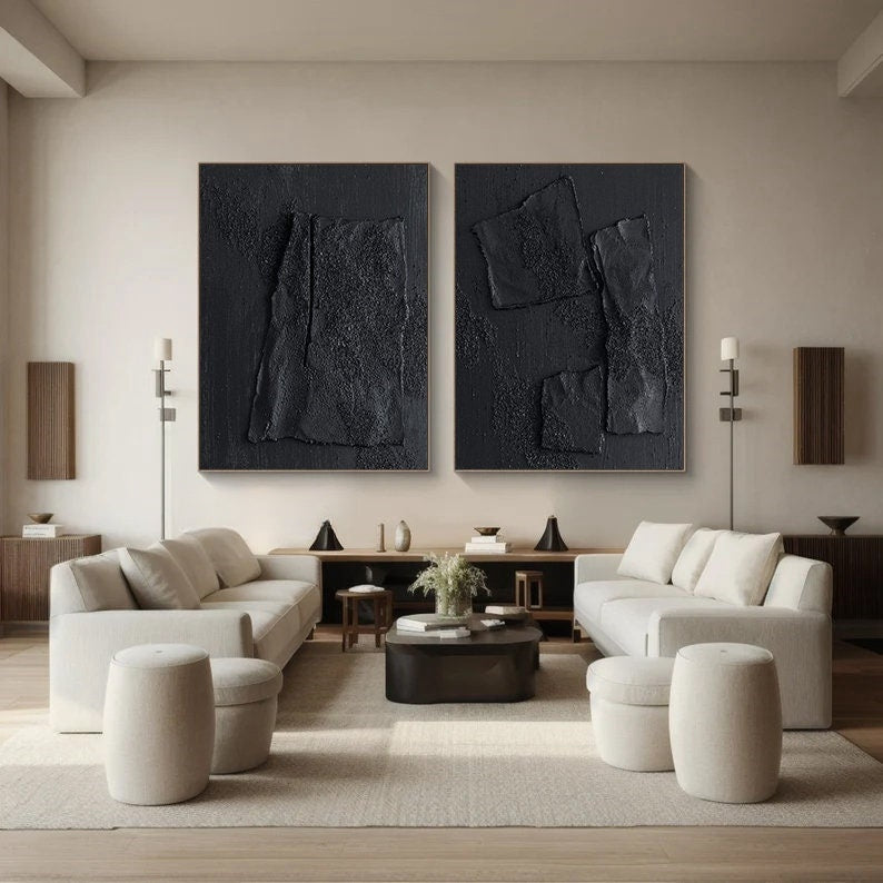 Wabi-sabi Art Black Minimalist Plaster Art Texture Painting Abstract Wall Decor Plaster Texture Wall Art Minimalist Art  3D Oil Canvas Wall Art 