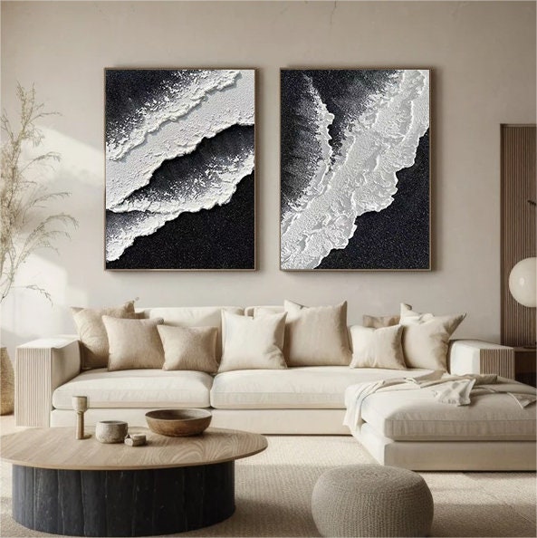 Wabi-sabi Art Black Minimalist Plaster Art White Texture Painting Abstract Wall Decor Plaster Texture Wall Art Minimalist Art  3D Oil Canvas Wall Art 