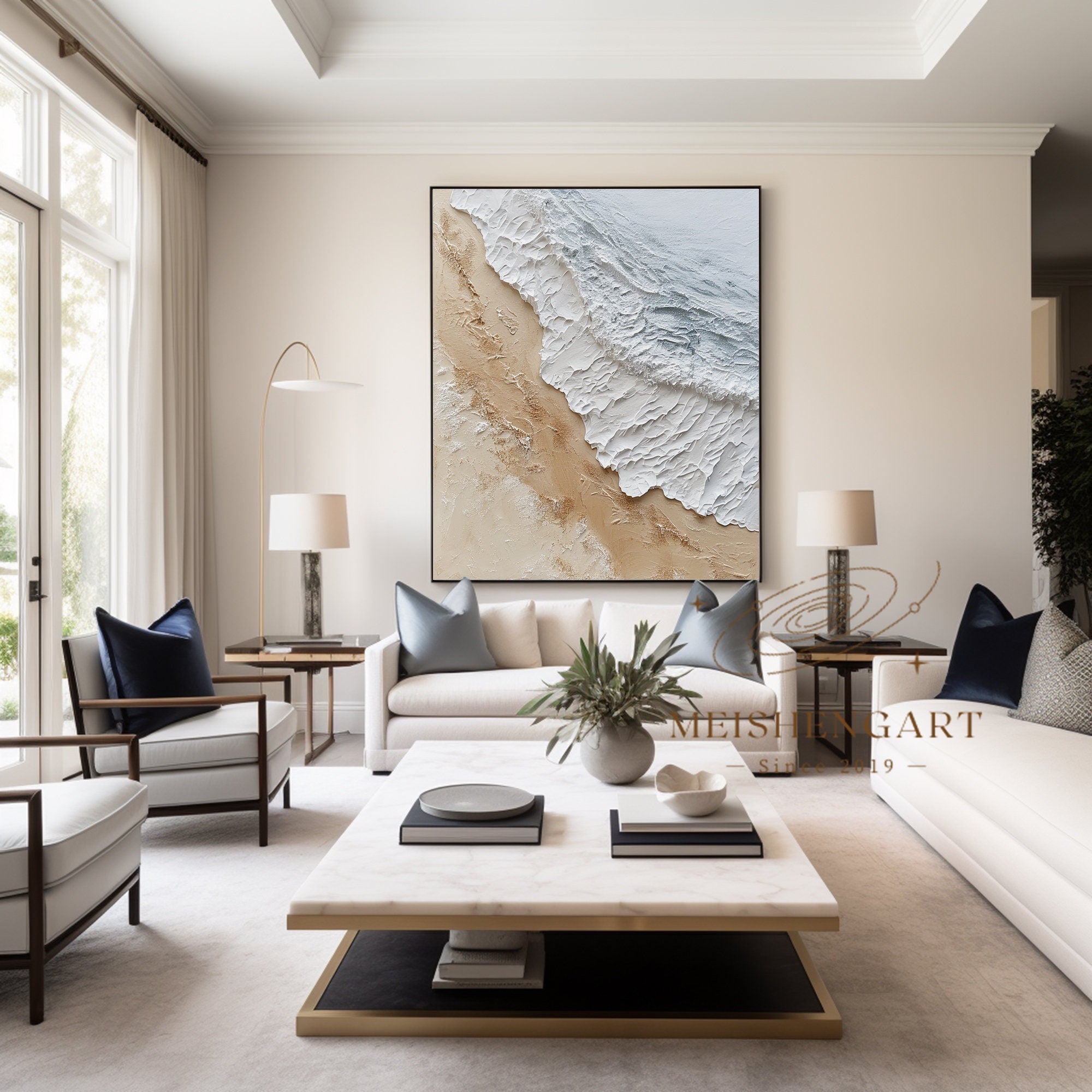 Extra Large Wall Art Abstract Beige Abstract Art beige Painting large Brown Painting Blue Wall Art minimalist Painting,modern Textured Sea & Beach Painting 3D Oil Plaster Wall Art On Canvas