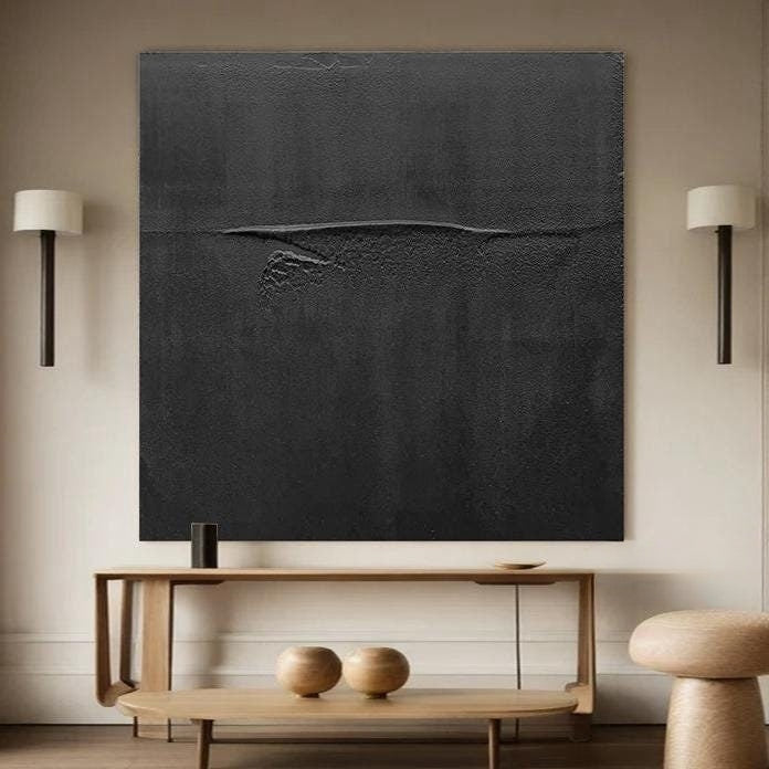 Wabi-sabi Art Black Minimalist Plaster Art Black Abstract Texture Painting Black Wall Decor Plaster Texture Wall Art Minimalist Art Black 3D Oil  Plaster Wall Art On Canvas