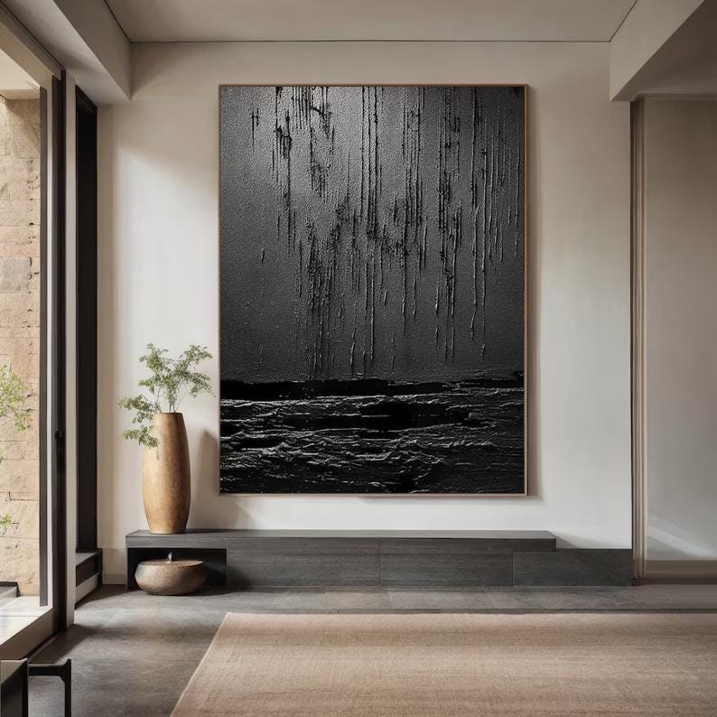 Wabi-sabi Art Black Minimalist Plaster Art Black Abstract Texture Painting Black Wall Decor Plaster Texture Wall Art Minimalist Art Black 3D Oil  Plaster Wall Art On Canvas