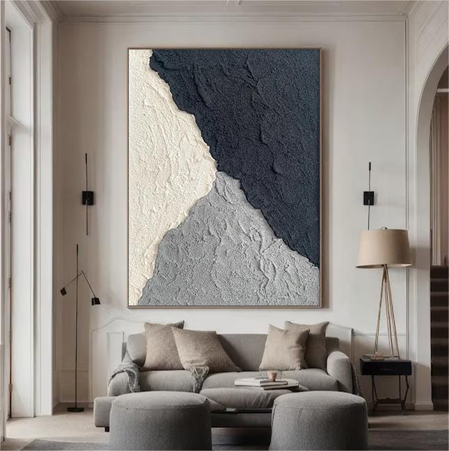 Wabi-sabi Art White Minimalist Plaster Art Black Abstract Texture Painting White Wall Decor Plaster Texture Wall Art Minimalist Art Black 3D Oil  Plaster Wall Art On Canvas