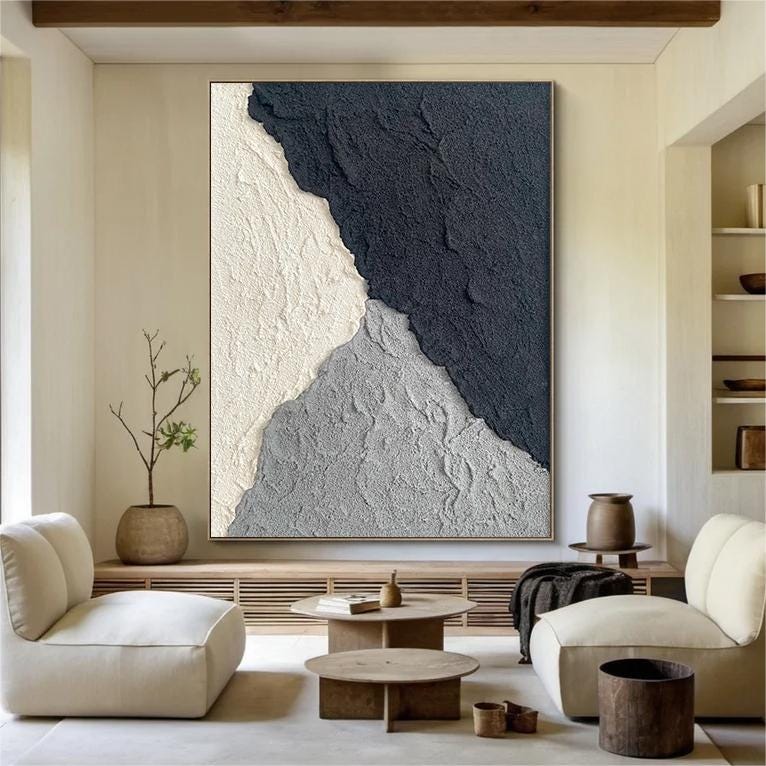 Wabi-sabi Art White Minimalist Plaster Art Black Abstract Texture Painting White Wall Decor Plaster Texture Wall Art Minimalist Art Black 3D Oil  Plaster Wall Art On Canvas