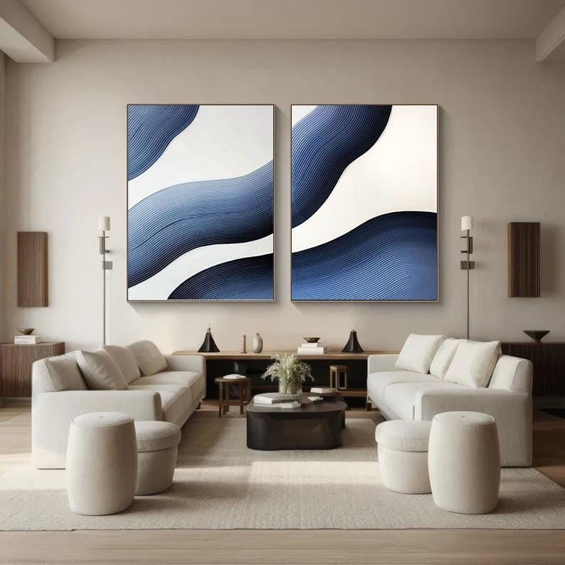 Wabi-sabi Art Blue Minimalist Plaster Art White Texture Painting Abstract Wall Decor Plaster Texture Wall Art Minimalist Art  3D Oil Canvas Wall Art 