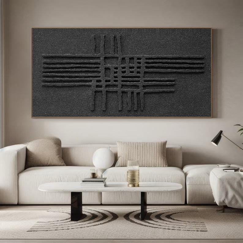 Wabi-sabi Art Black Minimalist Plaster Art Black Abstract Texture Painting Black Plaster  Wall Decor Plaster Texture Wall Art Minimalist Art Black 3D Oil  Wall Art On Canvas