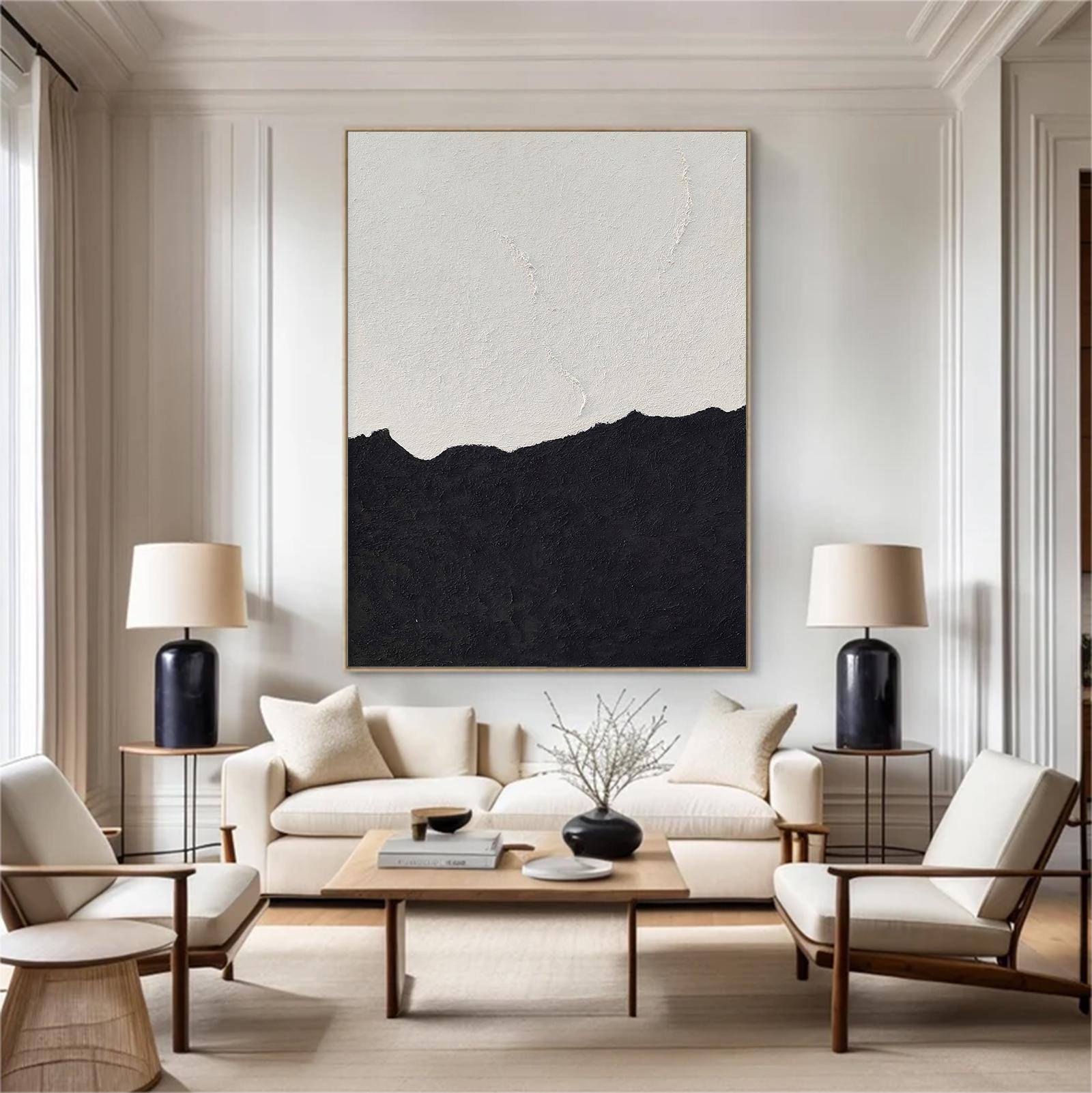 Wabi-sabi Art White Minimalist Plaster Art Black Abstract Texture Painting White Wall Decor Plaster Texture Wall Art Minimalist Art Black 3D Oil  Plaster Wall Art On Canvas