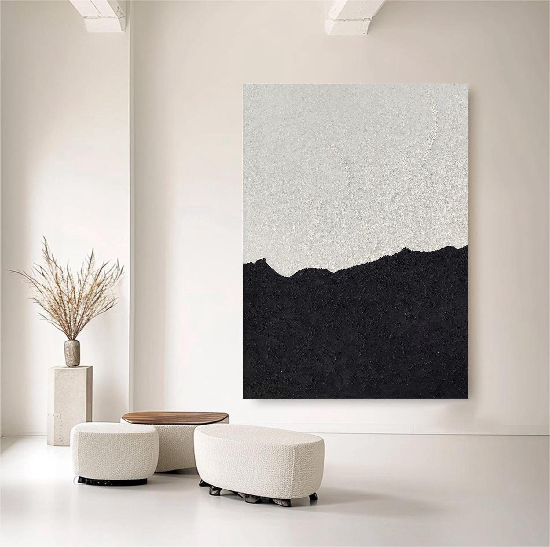 Wabi-sabi Art White Minimalist Plaster Art Black Abstract Texture Painting White Wall Decor Plaster Texture Wall Art Minimalist Art Black 3D Oil  Plaster Wall Art On Canvas