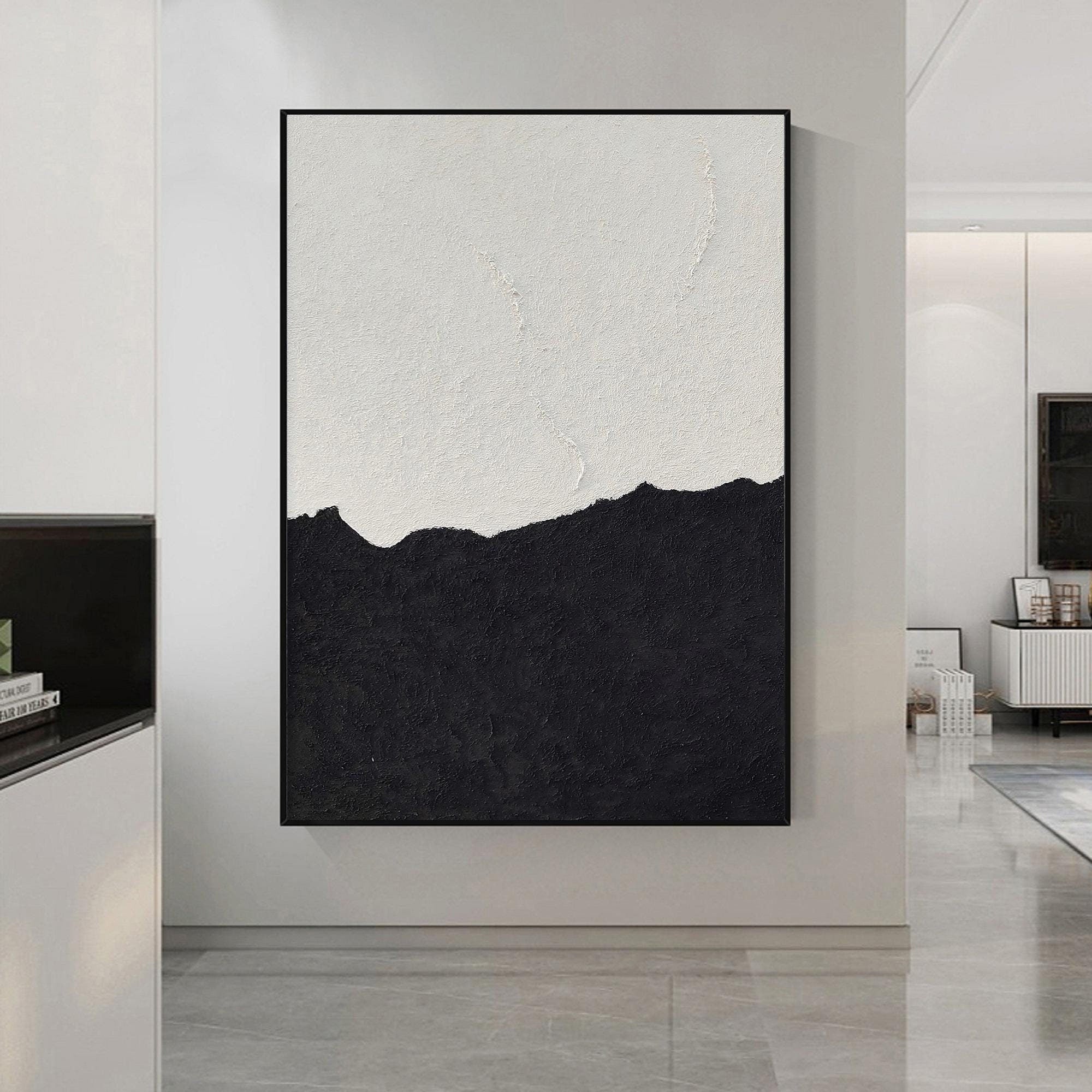 Wabi-sabi Art White Minimalist Plaster Art Black Abstract Texture Painting White Wall Decor Plaster Texture Wall Art Minimalist Art Black 3D Oil  Plaster Wall Art On Canvas