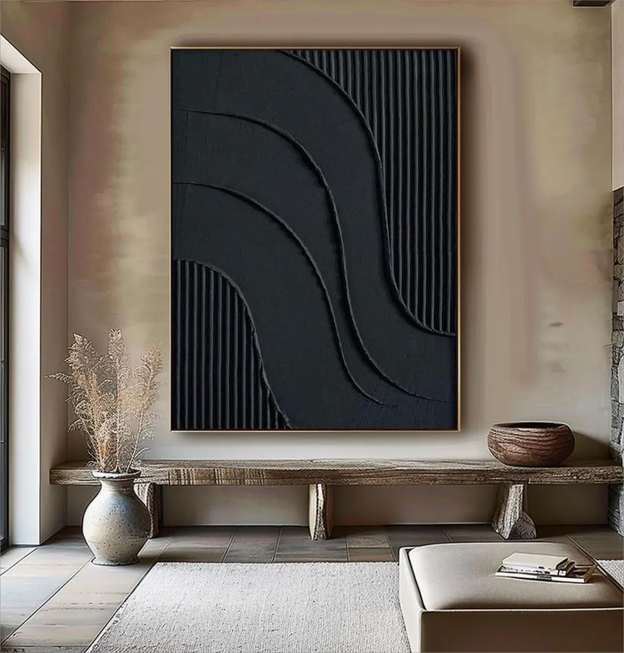 Wabi-sabi Art Black Minimalist Plaster Art Black Abstract Texture Painting Black Wall Decor Plaster Texture Wall Art Minimalist Art Black 3D Oil  Plaster Wall Art On Canvas