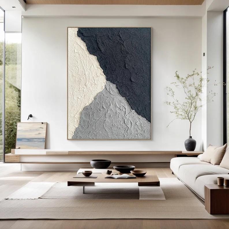 Wabi-sabi Art White Minimalist Plaster Art Black Abstract Texture Painting White Wall Decor Plaster Texture Wall Art Minimalist Art Black 3D Oil  Plaster Wall Art On Canvas