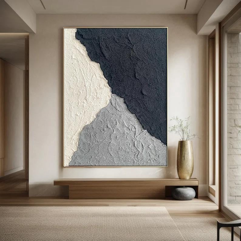 Wabi-sabi Art White Minimalist Plaster Art Black Abstract Texture Painting White Wall Decor Plaster Texture Wall Art Minimalist Art Black 3D Oil  Plaster Wall Art On Canvas