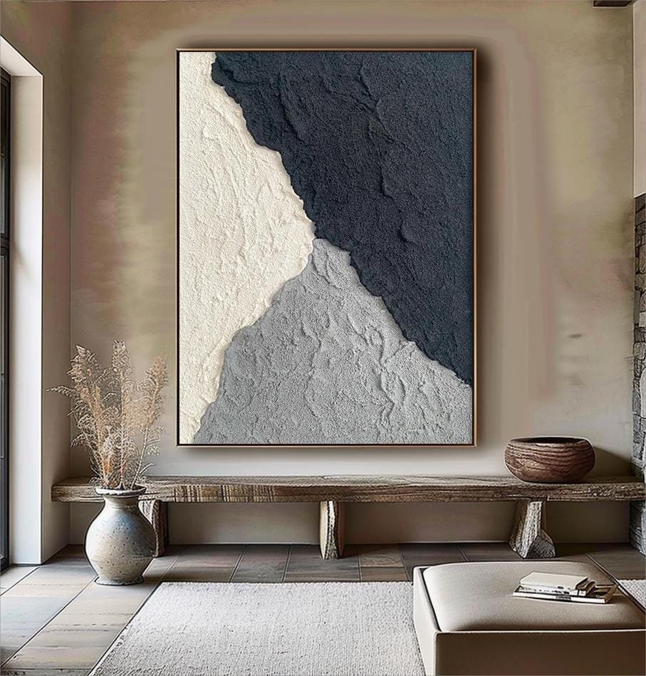 Wabi-sabi Art White Minimalist Plaster Art Black Abstract Texture Painting White Wall Decor Plaster Texture Wall Art Minimalist Art Black 3D Oil  Plaster Wall Art On Canvas