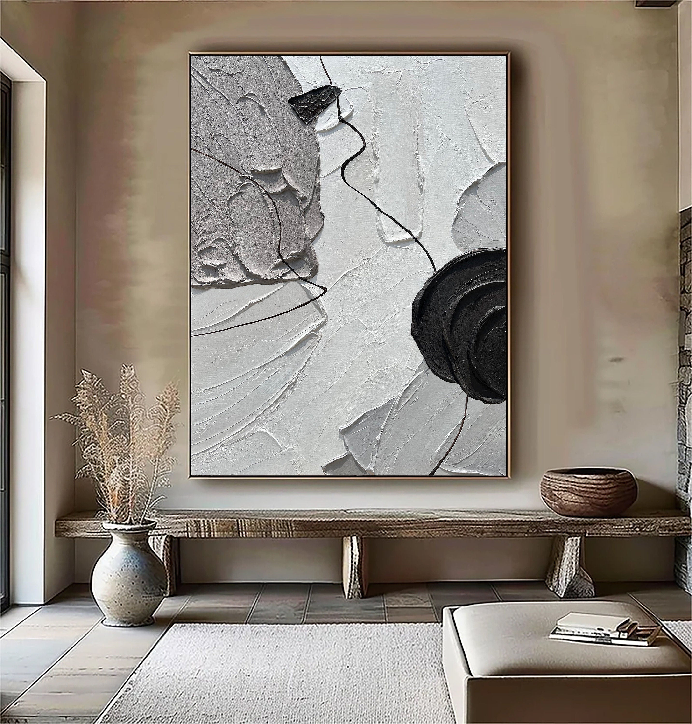 Wabi-sabi Art White Minimalist Plaster Art Black Abstract Texture Painting Beige Wall Decor Plaster Texture Wall Art Minimalist Art Brown 3D Oil  Plaster Wall Art On Canvas