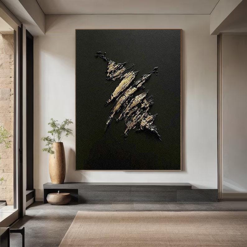 Wabi-sabi Art Black Minimalist Plaster Art Gold Abstract Texture Painting Black Wall Decor Plaster Texture Wall Art Minimalist Art Black 3D Oil  Plaster Wall Art On Canvas