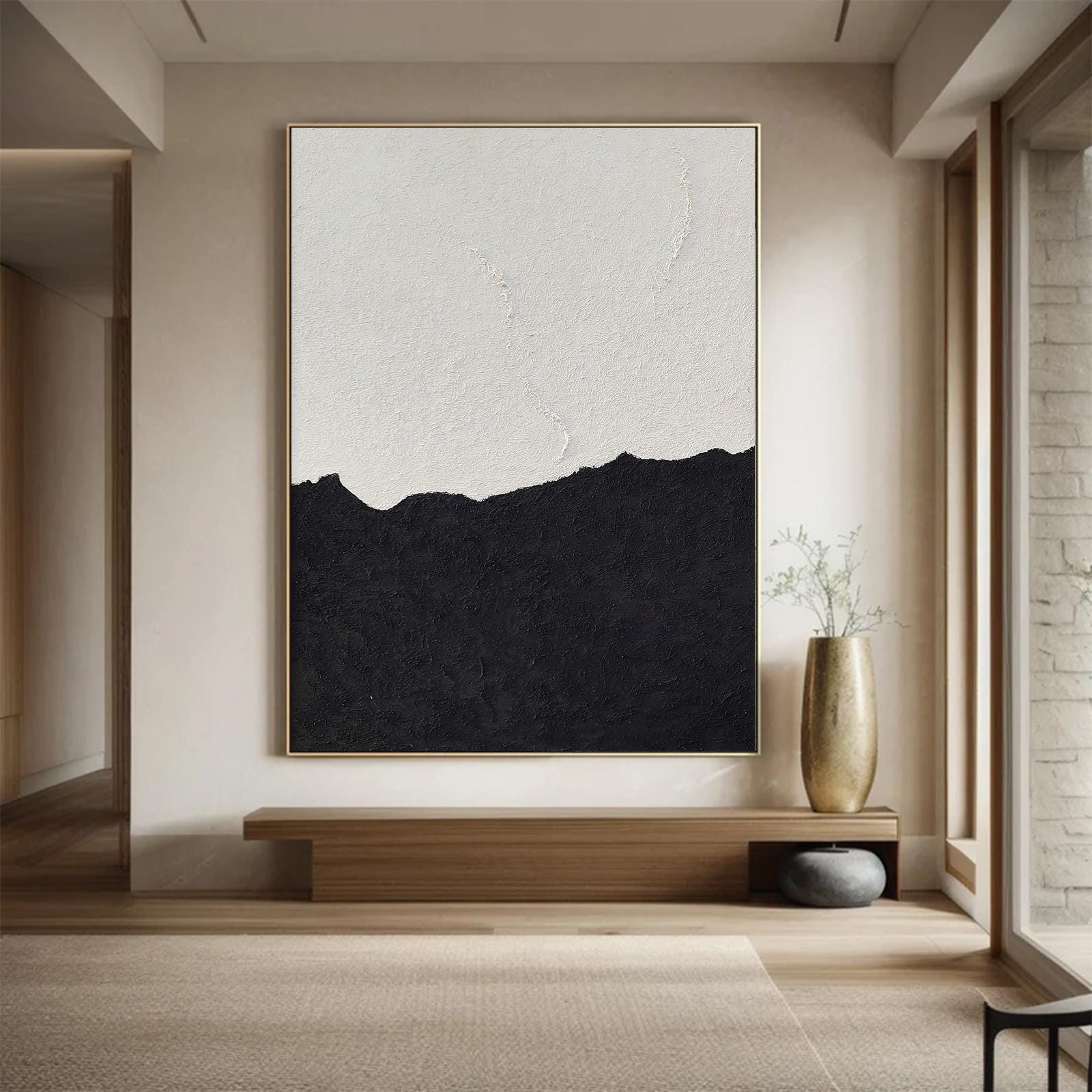 Wabi-sabi Art White Minimalist Plaster Art Black Abstract Texture Painting White Wall Decor Plaster Texture Wall Art Minimalist Art Black 3D Oil  Plaster Wall Art On Canvas