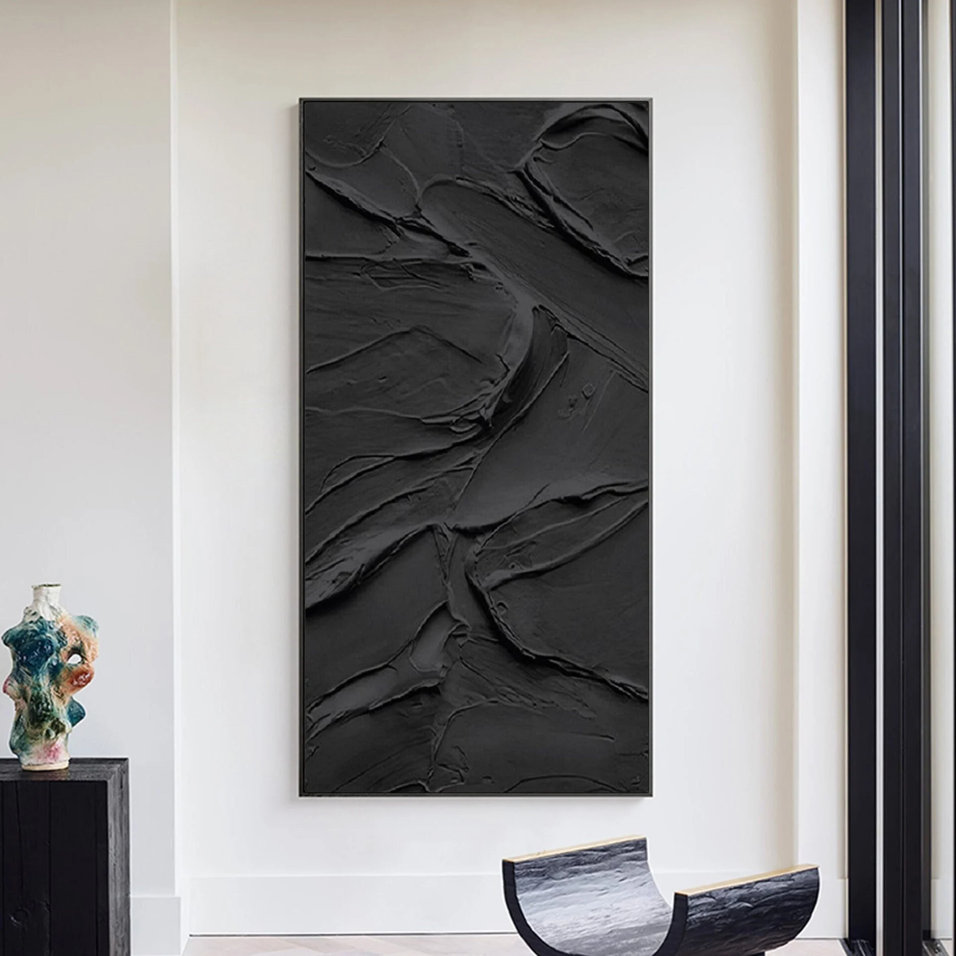 Wabi-sabi Art Black Minimalist Plaster Art Black Abstract Texture Painting Black Wall Decor Plaster Texture Wall Art Minimalist Art Black 3D Oil  Plaster Wall Art On Canvas