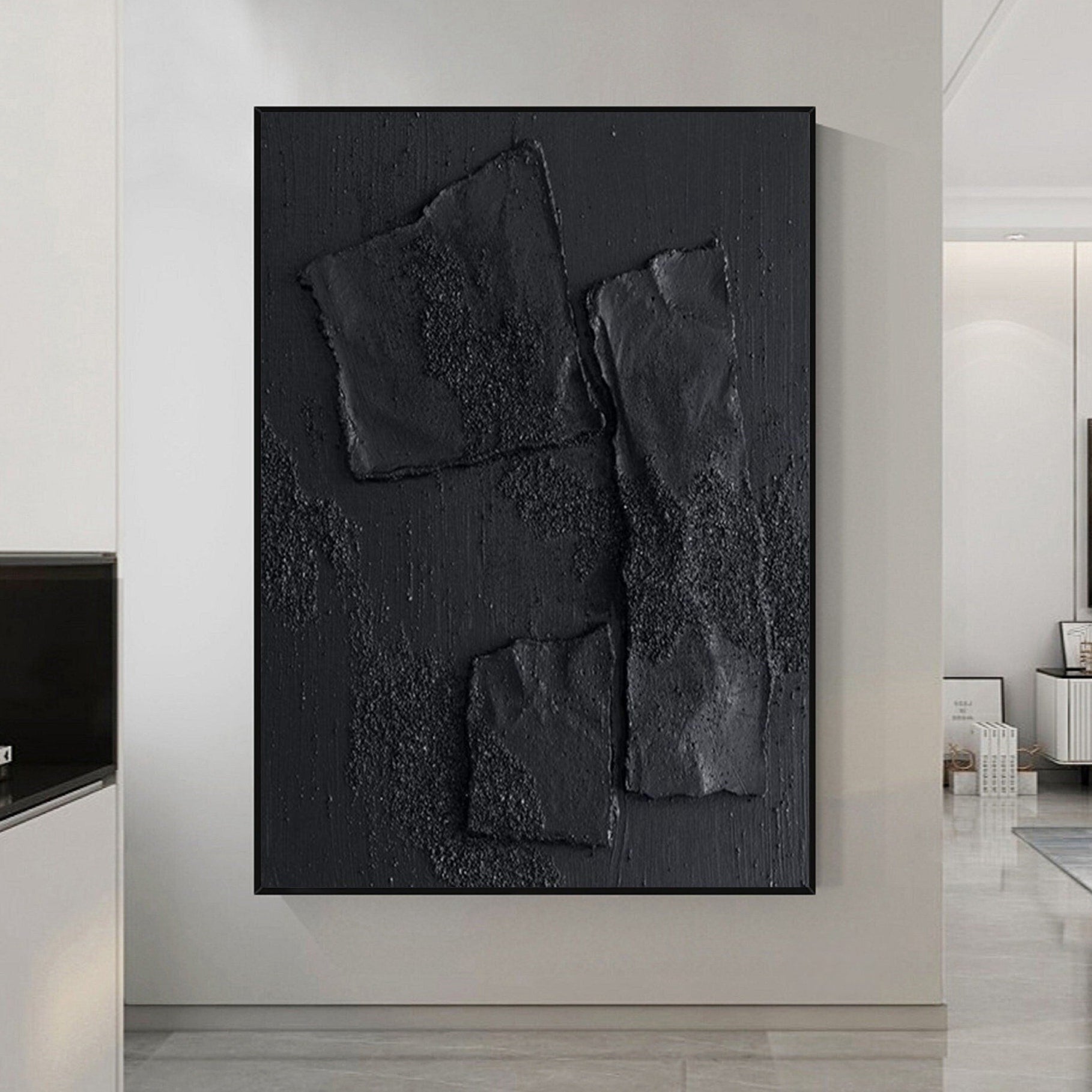 Wabi-sabi Plaster Art Black Minimalist Plaster Art Black Abstract Texture Painting Black Wall Decor Plaster Texture Wall Art Minimalist Art Black 3D Oil  Wall Art On Canvas