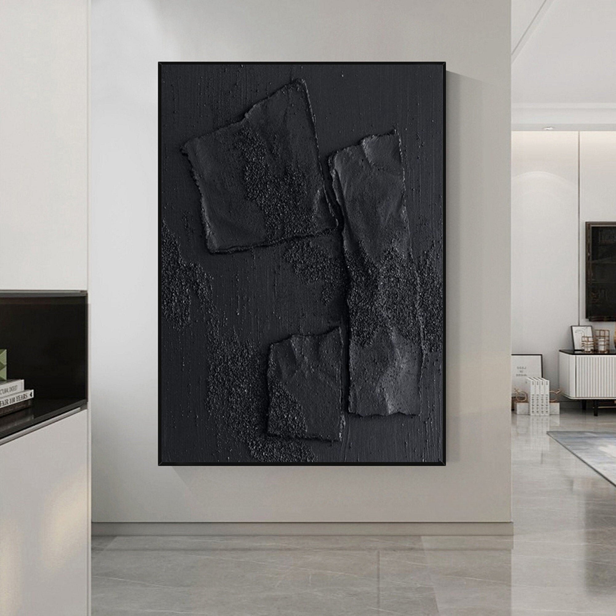 Wabi-sabi Plaster Art Black Minimalist Plaster Art Black Abstract Texture Painting Black Wall Decor Plaster Texture Wall Art Minimalist Art Black 3D Oil  Wall Art On Canvas