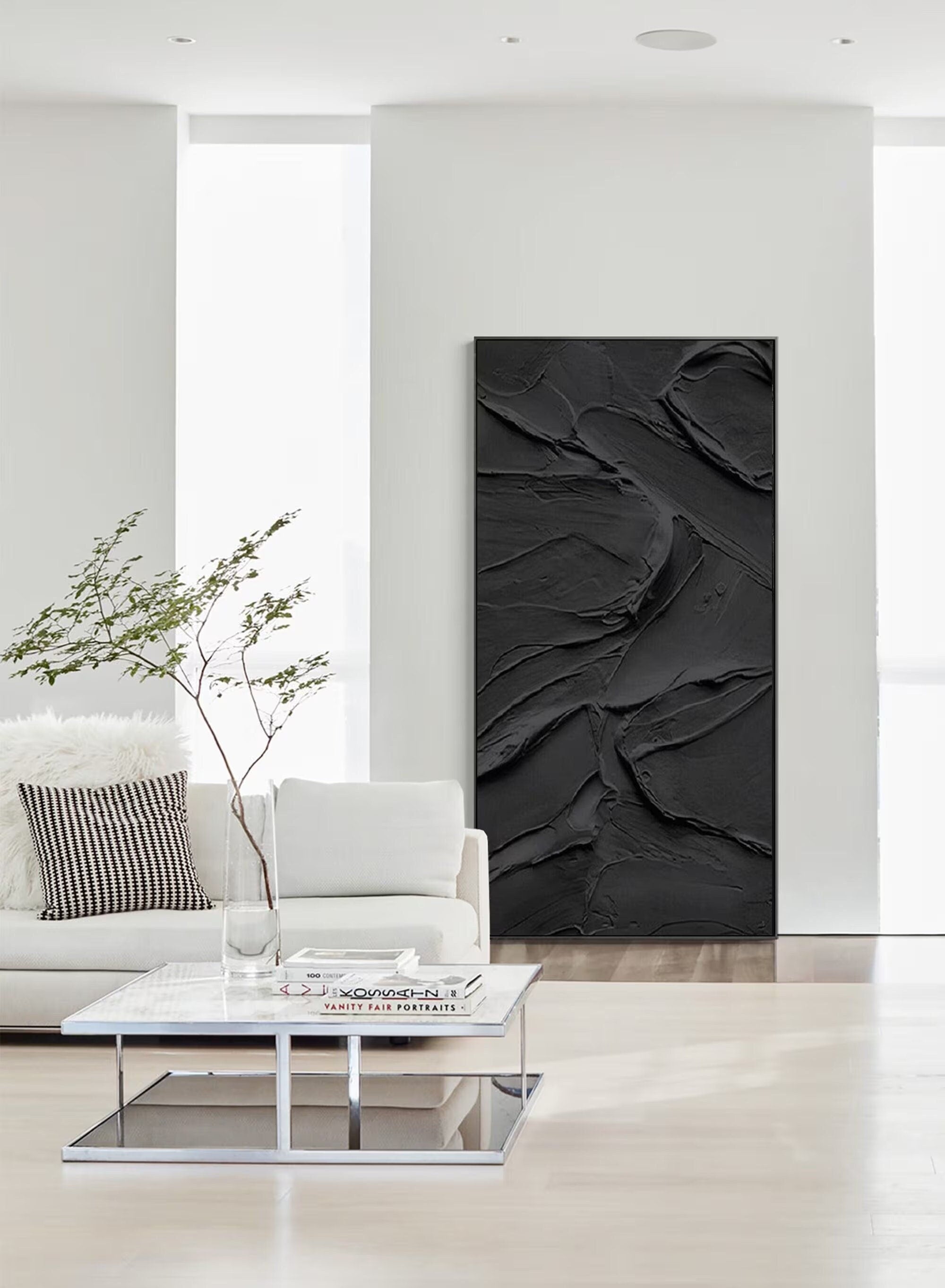 Wabi-sabi Art Black Minimalist Plaster Art Black Abstract Texture Painting Black Wall Decor Plaster Texture Wall Art Minimalist Art Black 3D Oil  Plaster Wall Art On Canvas