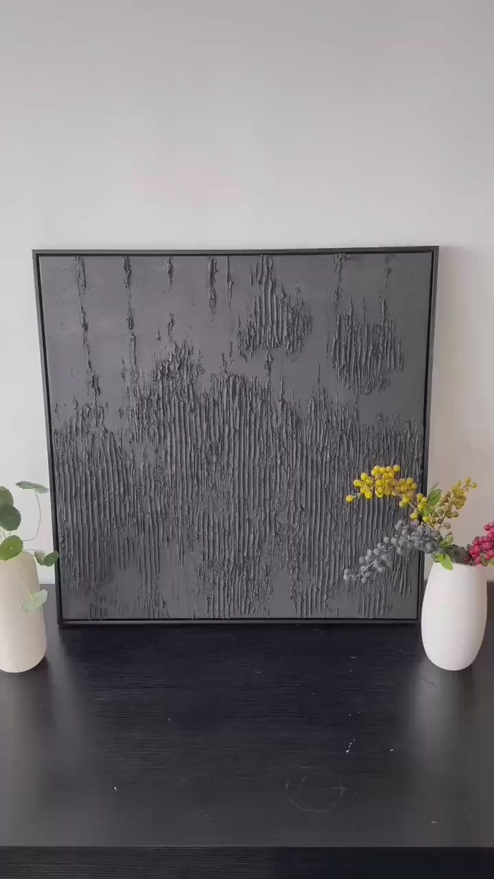 Wabi-sabi Art Black Minimalist Plaster Art Black Abstract Texture Painting Black Wall Decor Plaster Texture Wall Art Minimalist Art Black 3D Oil  Plaster Wall Art On Canvas